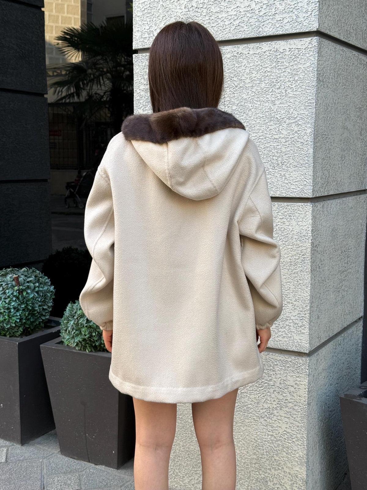 Beige Women’s Zibellino Alpaca Jacket, Short Hood Pocket Mink Fur Trim Virgin Wool Coat