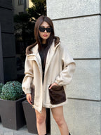 Beige Women’s Zibellino Alpaca Jacket, Short Hood Pocket Mink Fur Trim Virgin Wool Coat