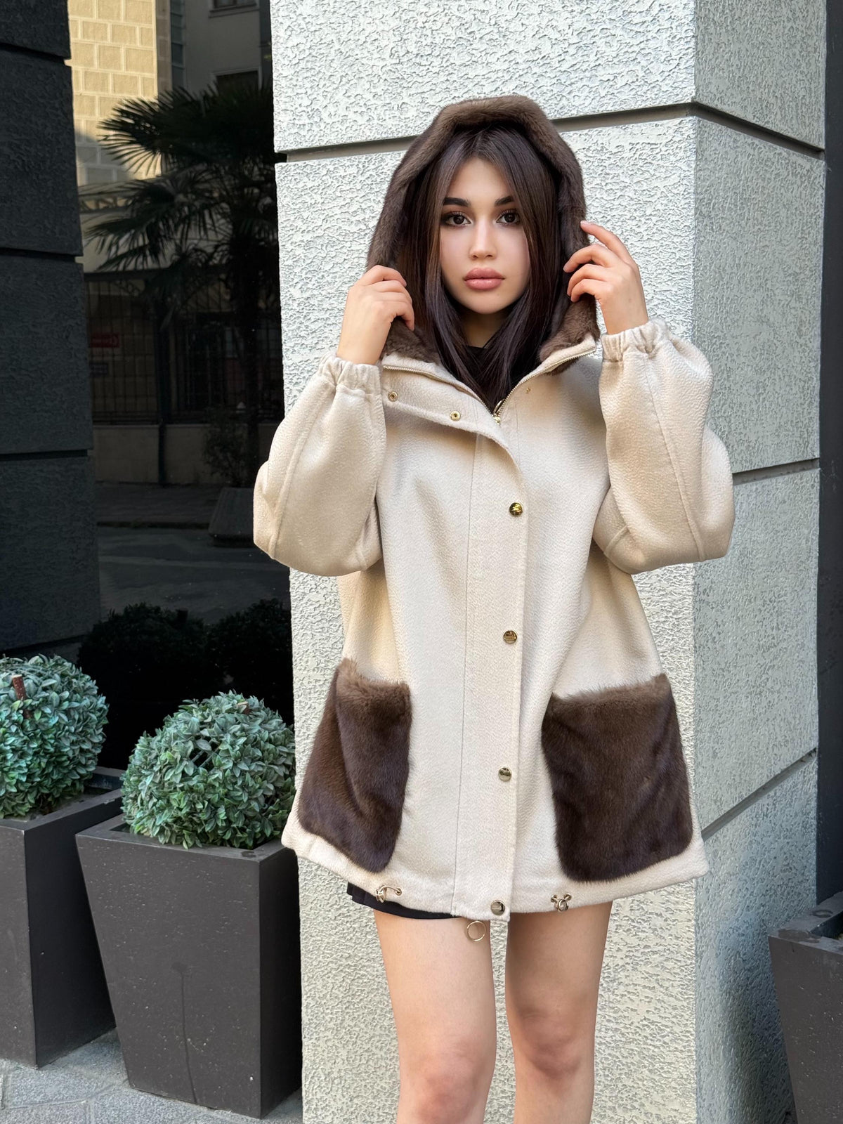 Beige Women’s Zibellino Alpaca Jacket, Short Hood Pocket Mink Fur Trim Virgin Wool Coat