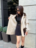 Beige Women’s Zibellino Alpaca Jacket, Short Hood Pocket Mink Fur Trim Virgin Wool Coat