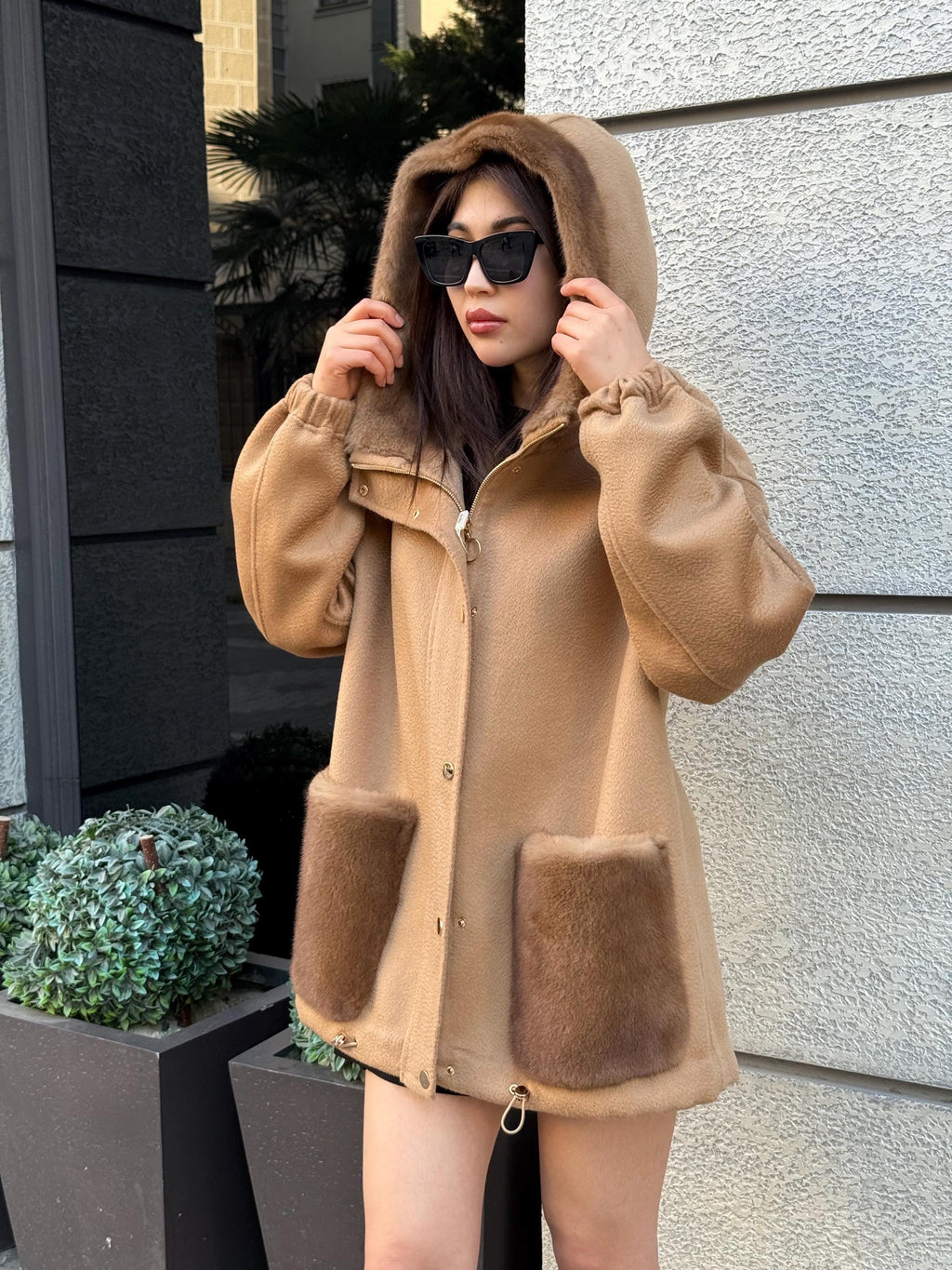 Camel Women’s Zibellino Alpaca Jacket, Short Hood Pocket Mink Fur Trim Virgin Wool Coat