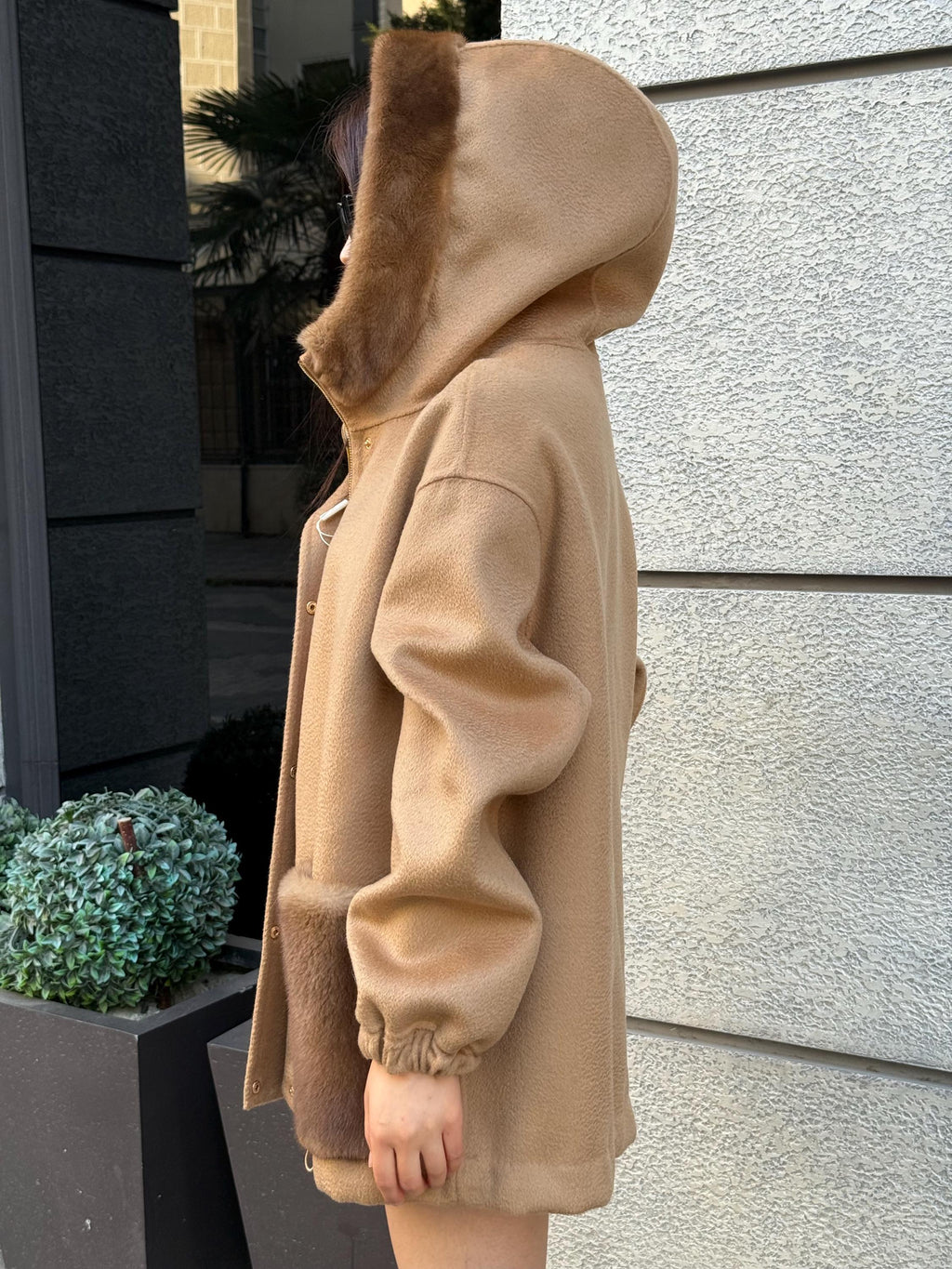 Camel Women’s Zibellino Alpaca Jacket, Short Hood Pocket Mink Fur Trim Virgin Wool Coat