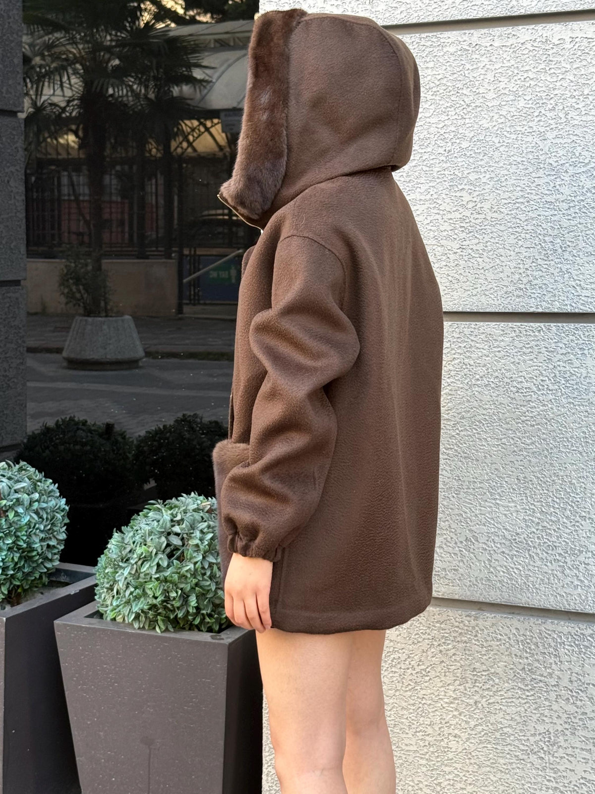 Brown Zibellino Alpaca Coat , Women’s Handmade Hood Pocket Mink Fur Virgin Wool Jacket