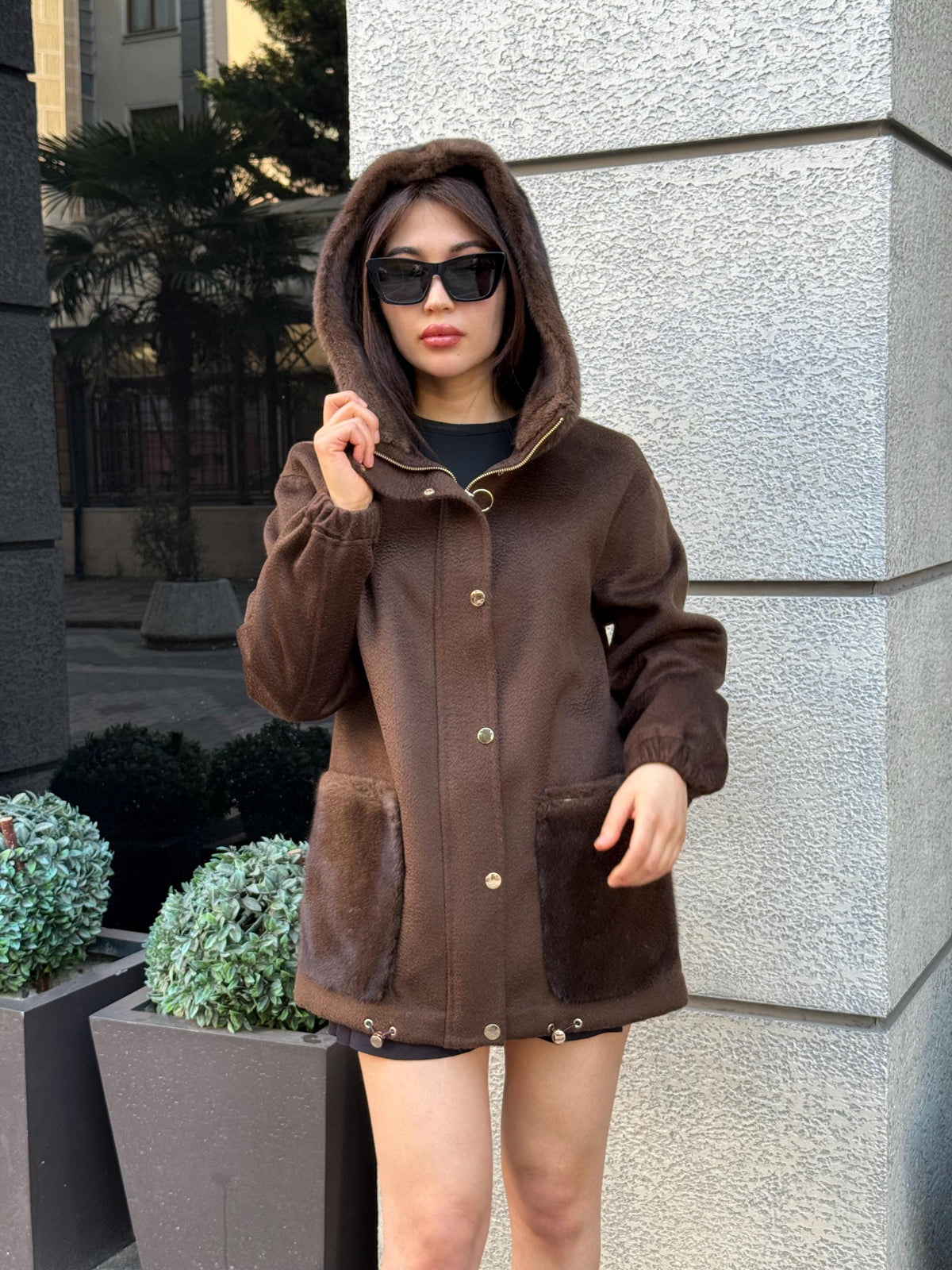 Brown Zibellino Alpaca Coat , Women’s Handmade Hood Pocket Mink Fur Virgin Wool Jacket