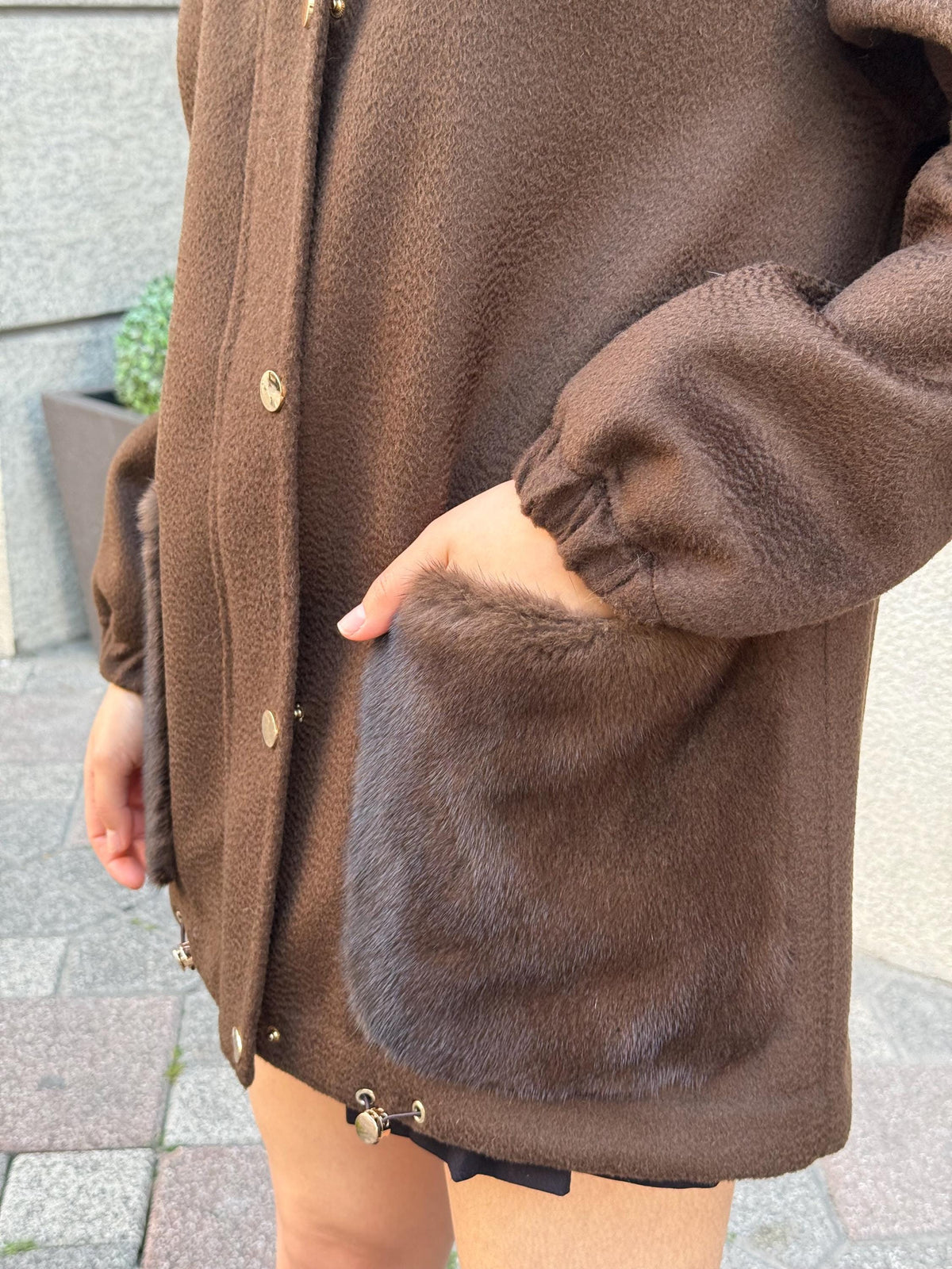 Brown Zibellino Alpaca Coat , Women’s Handmade Hood Pocket Mink Fur Virgin Wool Jacket