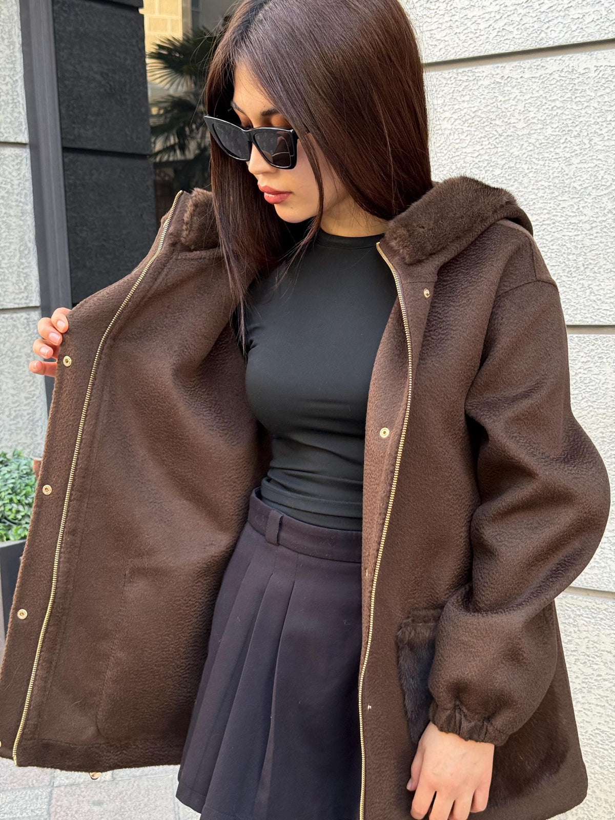 Brown Zibellino Alpaca Coat , Women’s Handmade Hood Pocket Mink Fur Virgin Wool Jacket