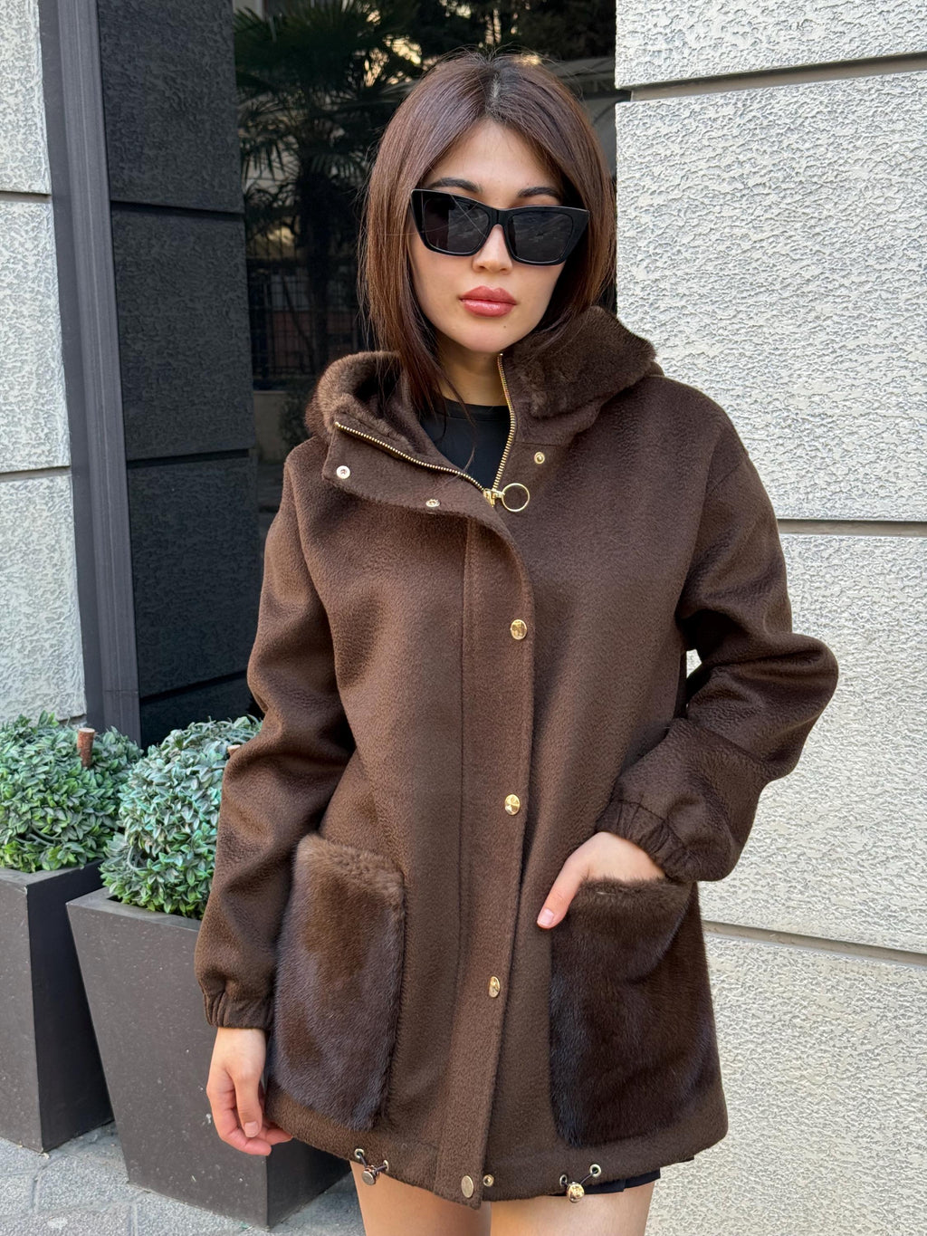 Brown Zibellino Alpaca Coat , Women’s Handmade Hood Pocket Mink Fur Virgin Wool Jacket