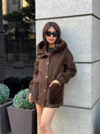 Brown Zibellino Alpaca Coat , Women’s Handmade Hood Pocket Mink Fur Virgin Wool Jacket