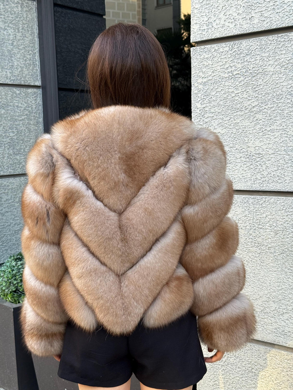Beige Fox Fur Jacket , Women’s Handmade Short Fur Coat With Detachable Sleeves