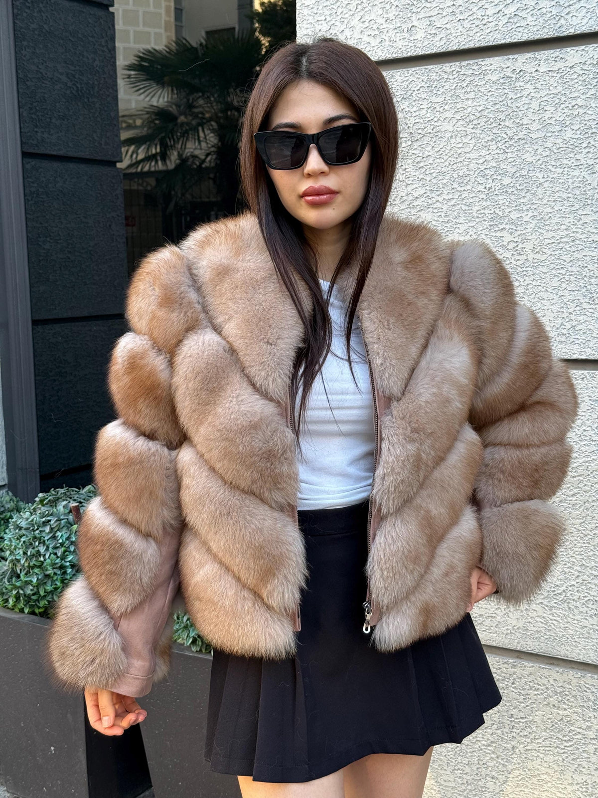 Beige Fox Fur Jacket , Women’s Handmade Short Fur Coat With Detachable Sleeves