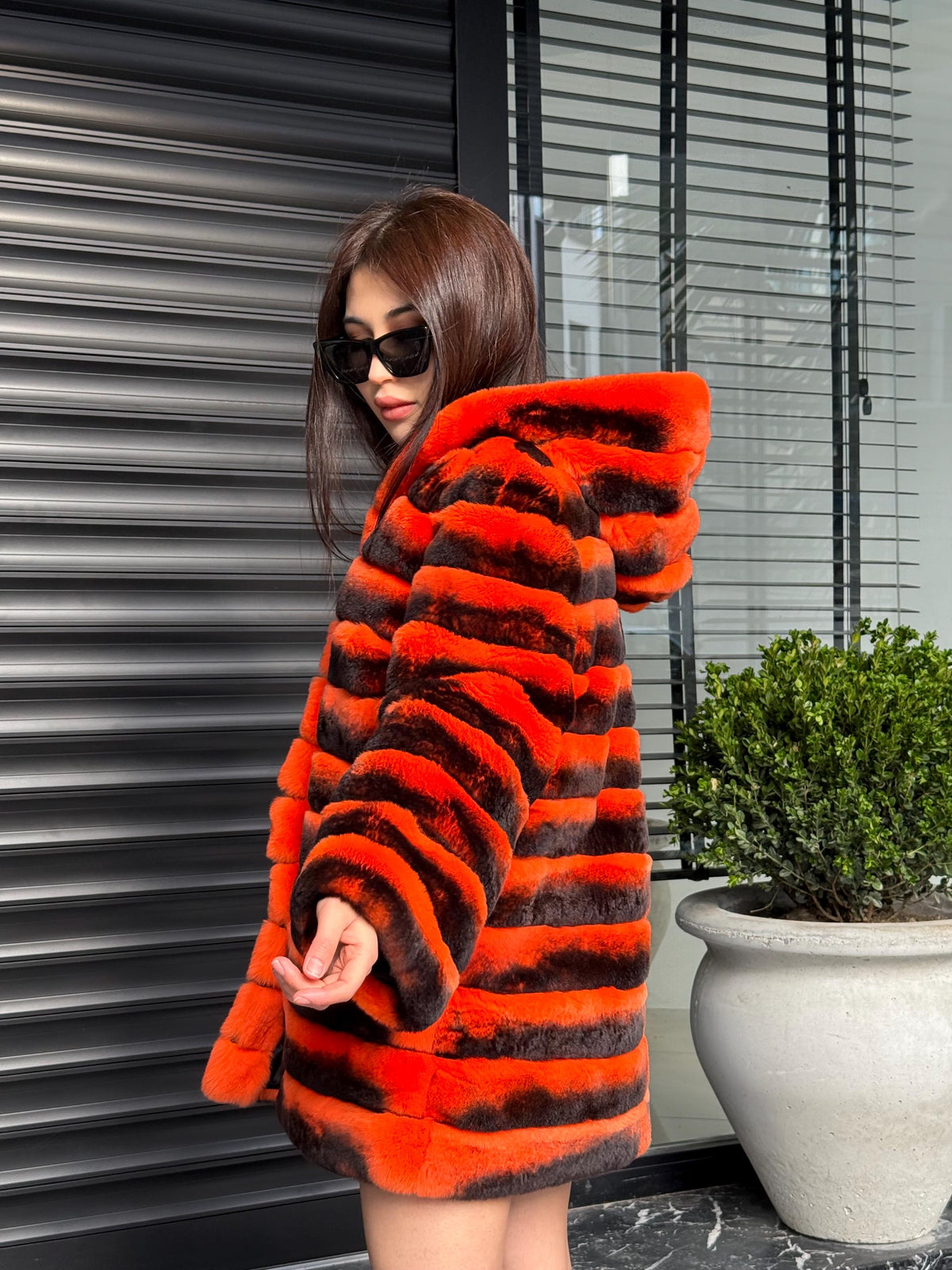 Orange Rex Rabbit Fur Jacket – Women’s Hooded Teansformer Chinchilla-Pattern Coat