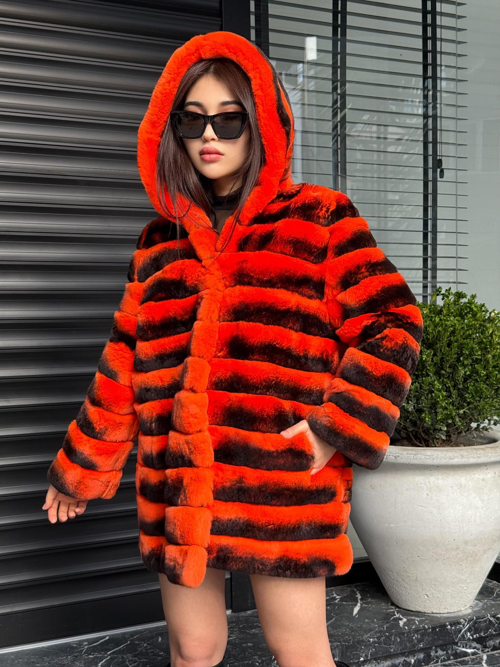 Orange Rex Rabbit Fur Jacket – Women’s Hooded Teansformer Chinchilla-Pattern Coat