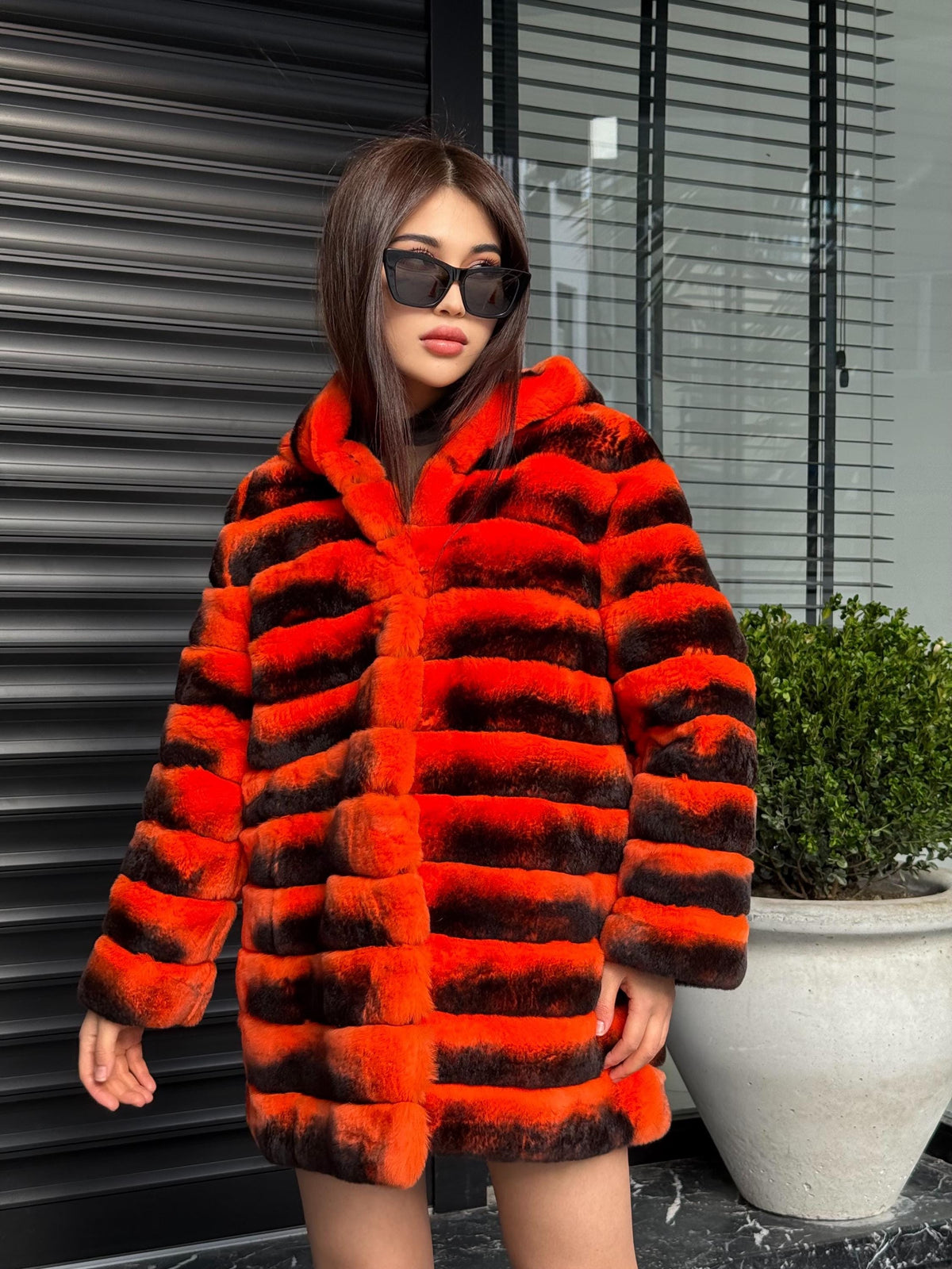 Orange Rex Rabbit Fur Jacket – Women’s Hooded Teansformer Chinchilla-Pattern Coat