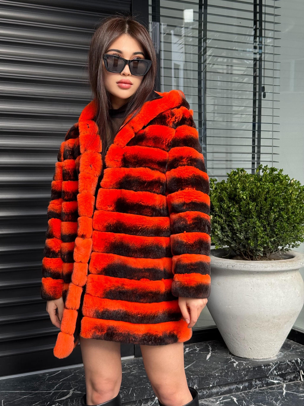 Orange Rex Rabbit Fur Jacket – Women’s Hooded Teansformer Chinchilla-Pattern Coat