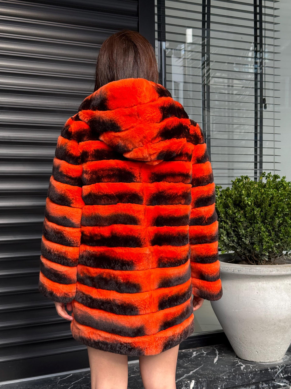 Orange Rex Rabbit Fur Jacket – Women’s Hooded Teansformer Chinchilla-Pattern Coat
