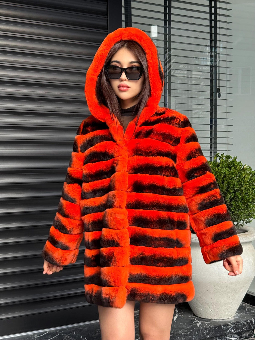 Orange Rex Rabbit Fur Jacket – Women’s Hooded Teansformer Chinchilla-Pattern Coat