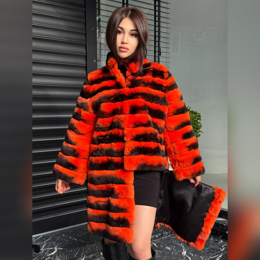 Orange Rex Rabbit Fur Jacket – Women’s Teansformer Chinchilla-Pattern Coat