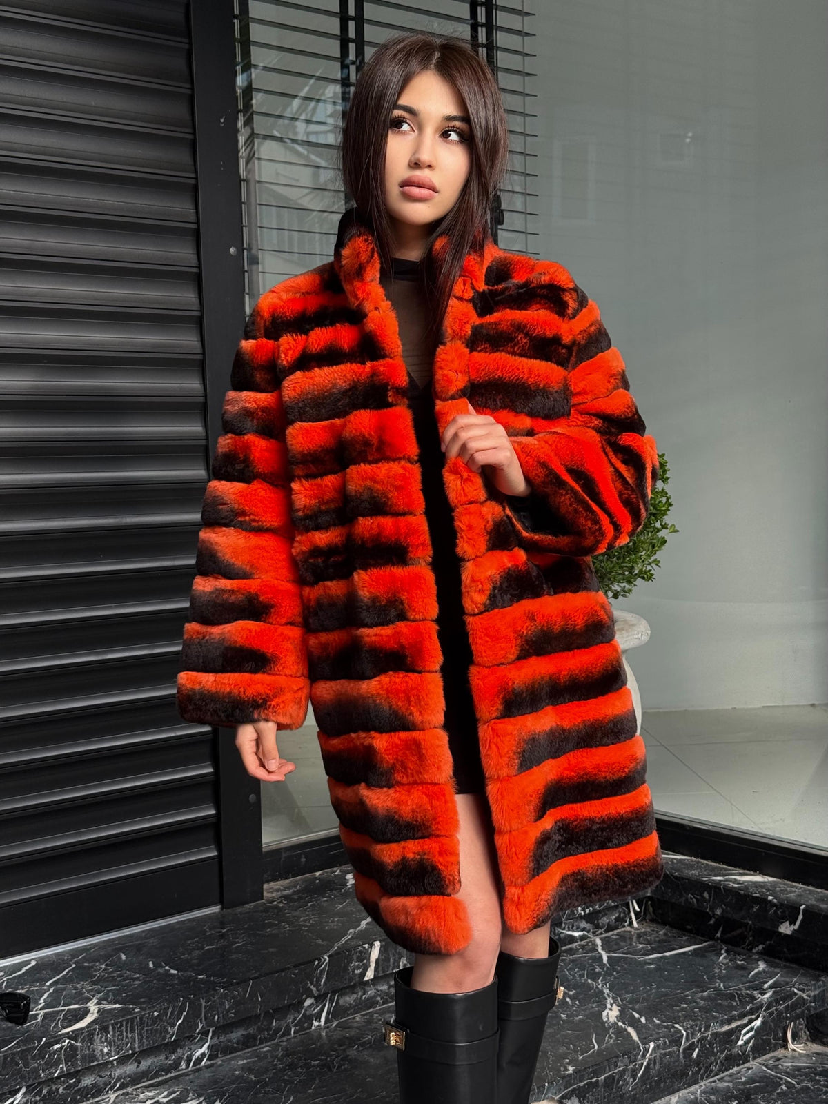Orange Rex Rabbit Fur Jacket – Women’s Teansformer Chinchilla-Pattern Coat