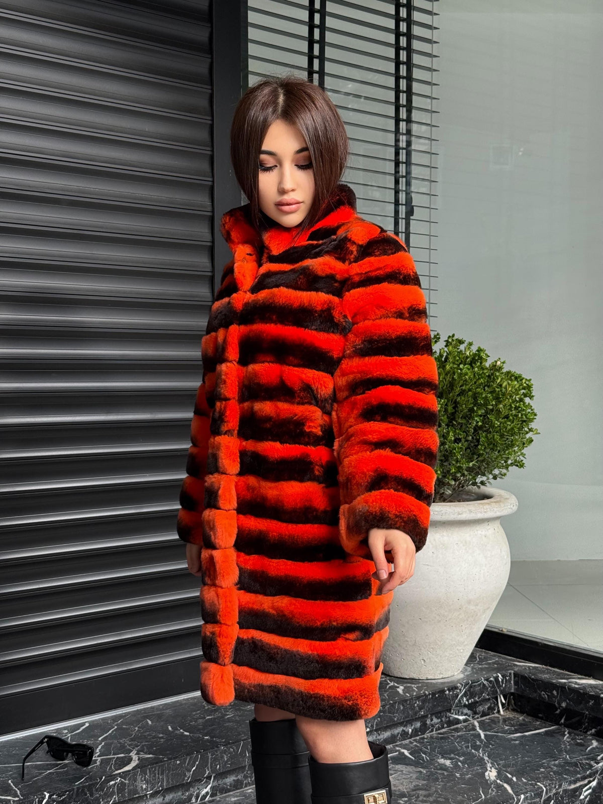 Orange Rex Rabbit Fur Jacket – Women’s Teansformer Chinchilla-Pattern Coat