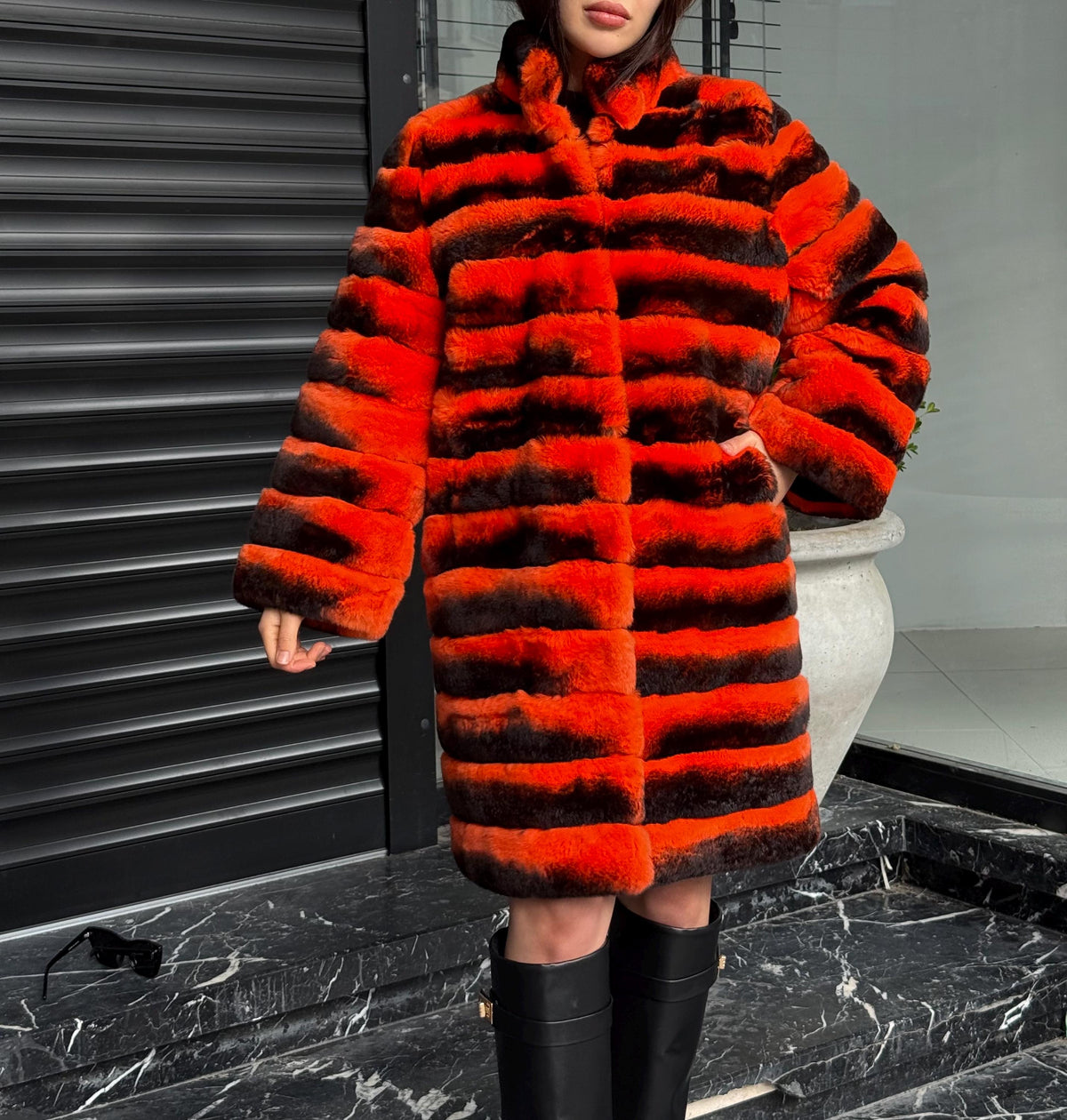 Orange Rex Rabbit Fur Jacket – Women’s Teansformer Chinchilla-Pattern Coat