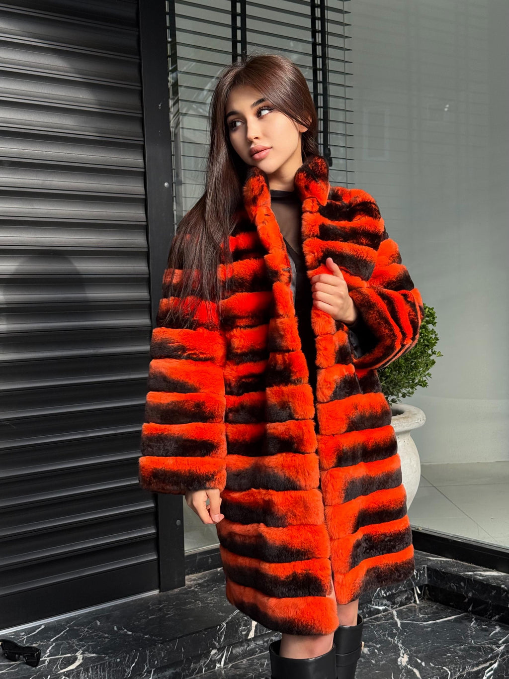 Orange Rex Rabbit Fur Jacket – Women’s Teansformer Chinchilla-Pattern Coat