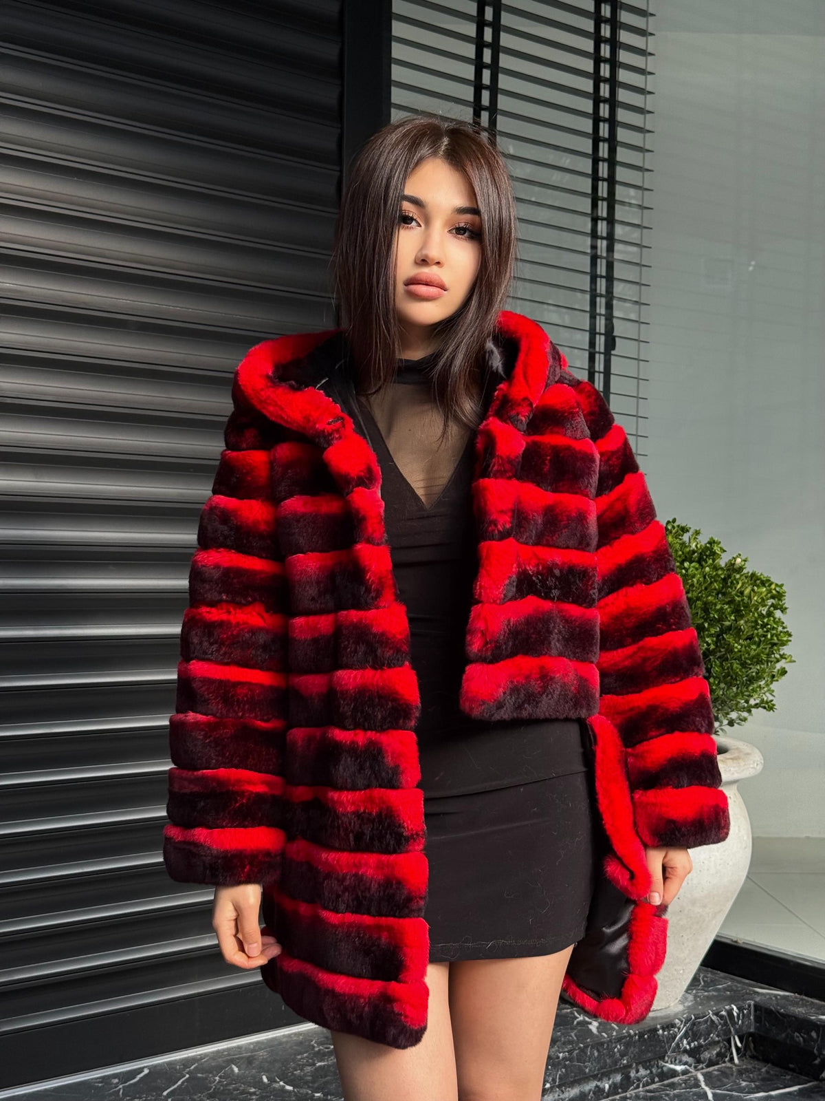 Orange Rex Rabbit Fur Jacket – Women’s Hooded Teansformer Chinchilla-Pattern Coat
