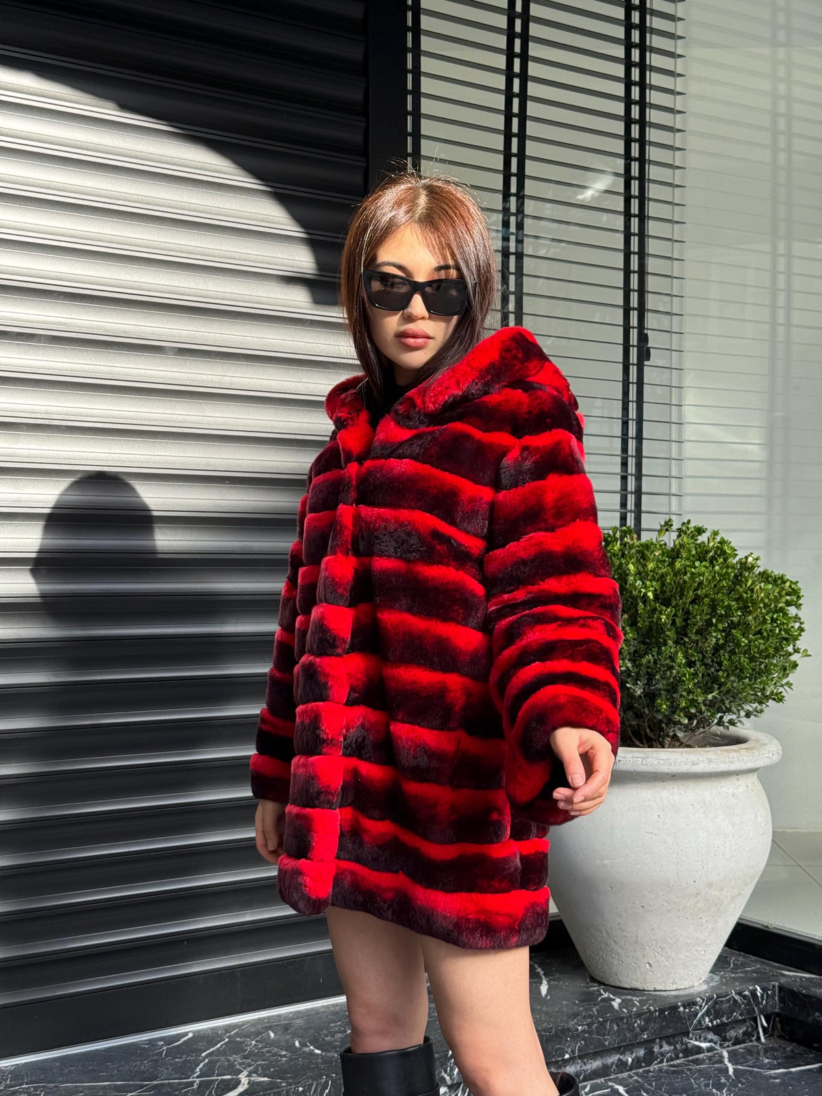 Orange Rex Rabbit Fur Jacket – Women’s Hooded Teansformer Chinchilla-Pattern Coat