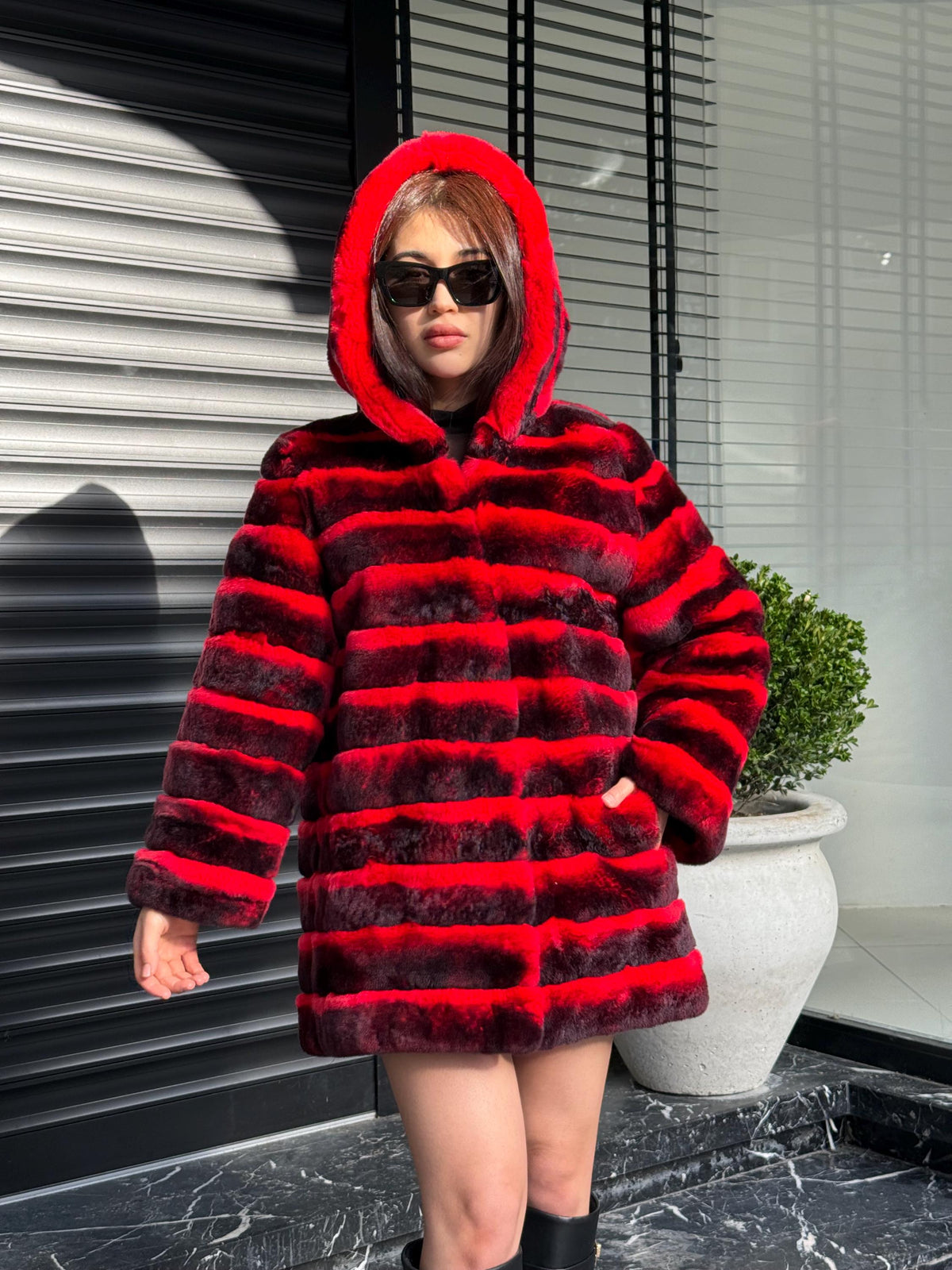 Orange Rex Rabbit Fur Jacket – Women’s Hooded Teansformer Chinchilla-Pattern Coat
