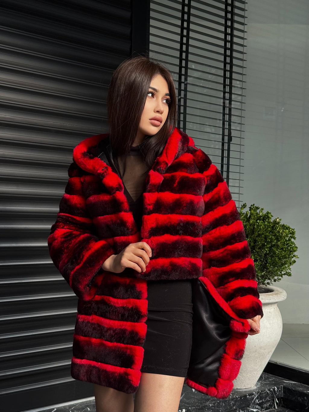 Orange Rex Rabbit Fur Jacket – Women’s Hooded Teansformer Chinchilla-Pattern Coat