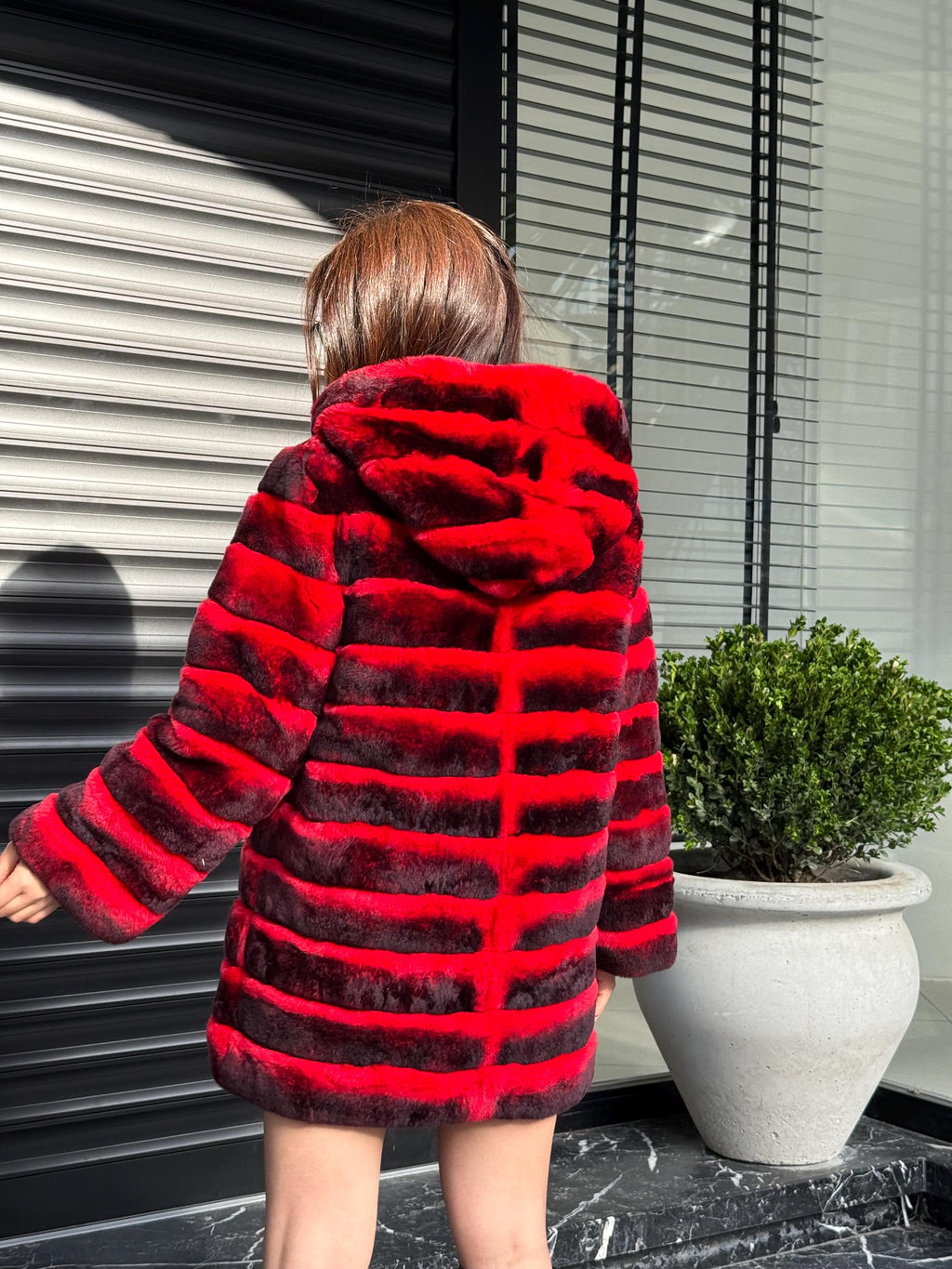 Orange Rex Rabbit Fur Jacket – Women’s Hooded Teansformer Chinchilla-Pattern Coat