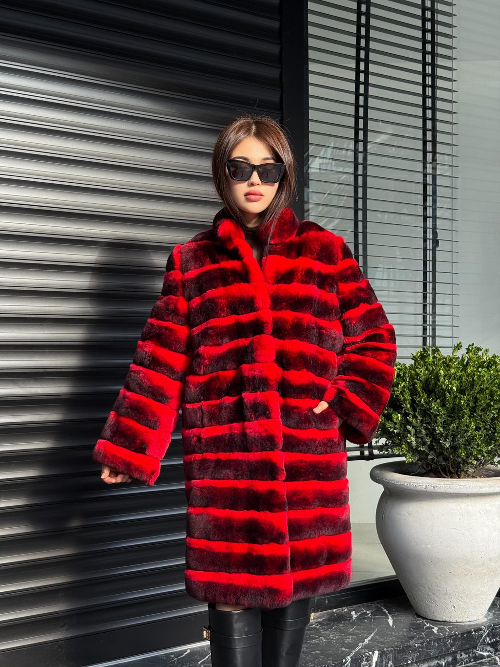 Red Luxury Handmade Women Chinchilla Pattern Rex Fur Long Coat | Soft Luxury Transformer Real Rex Fur Jacket Winter Outwear | Gift For Her