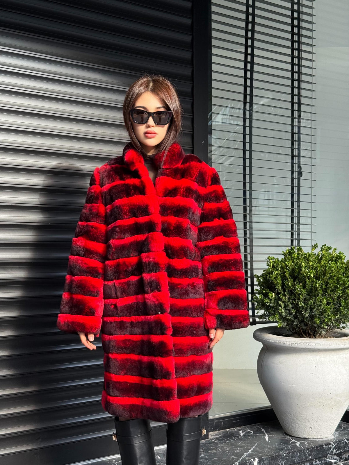Red Luxury Handmade Women Chinchilla Pattern Rex Fur Long Coat | Soft Luxury Transformer Real Rex Fur Jacket Winter Outwear | Gift For Her
