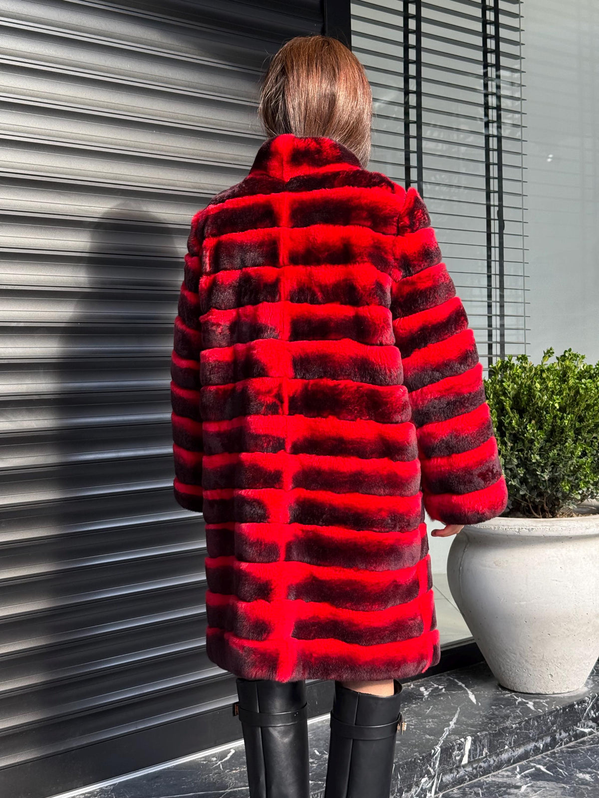Red Luxury Handmade Women Chinchilla Pattern Rex Fur Long Coat | Soft Luxury Transformer Real Rex Fur Jacket Winter Outwear | Gift For Her