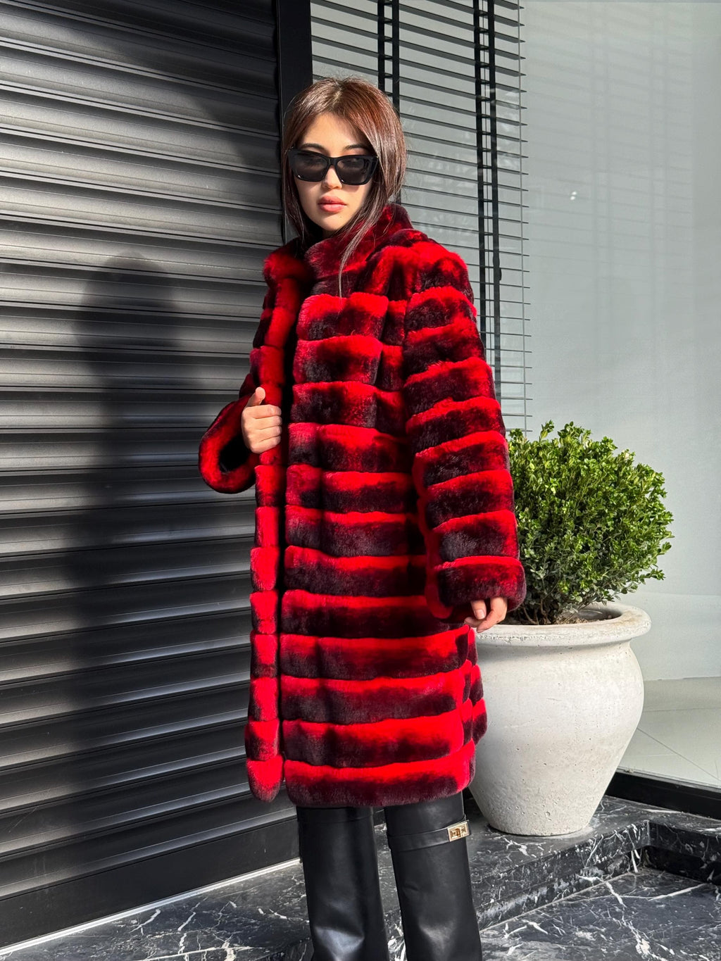Red Luxury Handmade Women Chinchilla Pattern Rex Fur Long Coat | Soft Luxury Transformer Real Rex Fur Jacket Winter Outwear | Gift For Her