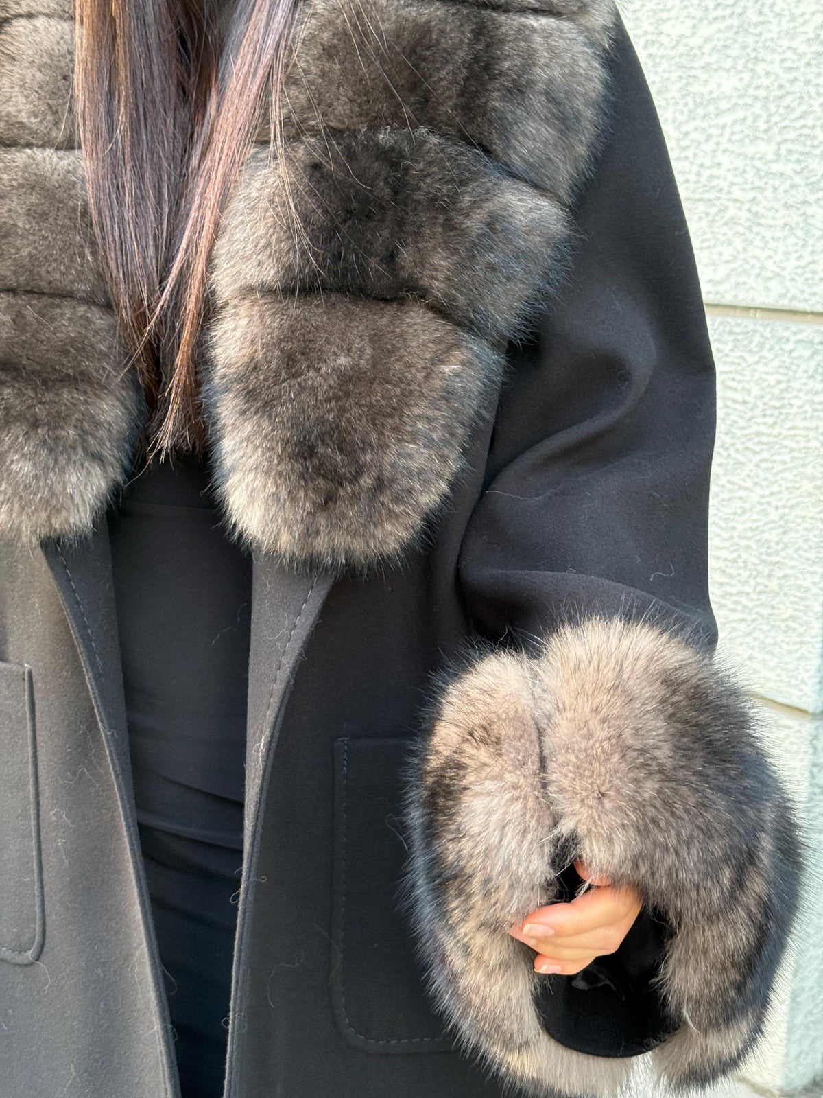 Black Cashmere Collar & Cuffs Fox Fur Jacket, Women Fox Fur Jacket - Collar Fox Fur Jacket. - Sable Brown Fox Fur Cape