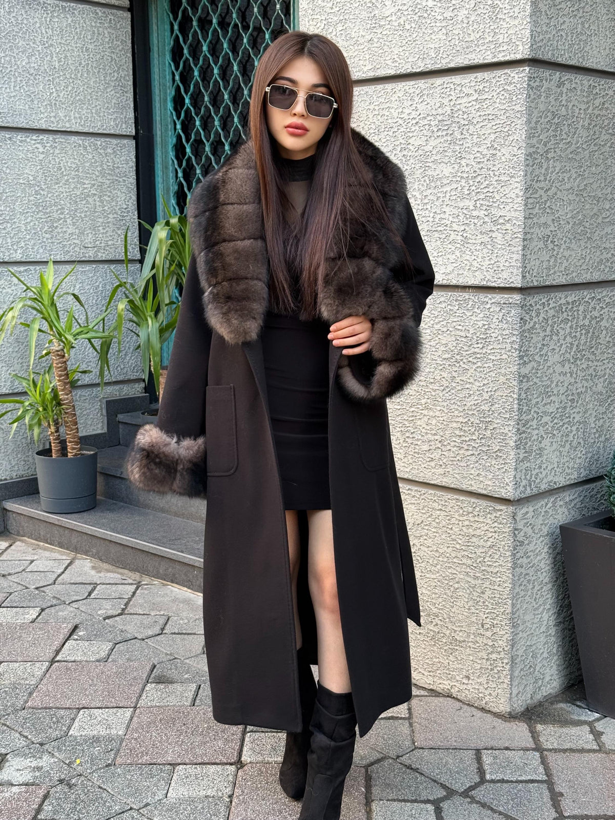 Black Cashmere Collar & Cuffs Fox Fur Jacket, Women Fox Fur Jacket - Collar Fox Fur Jacket. - Sable Brown Fox Fur Cape