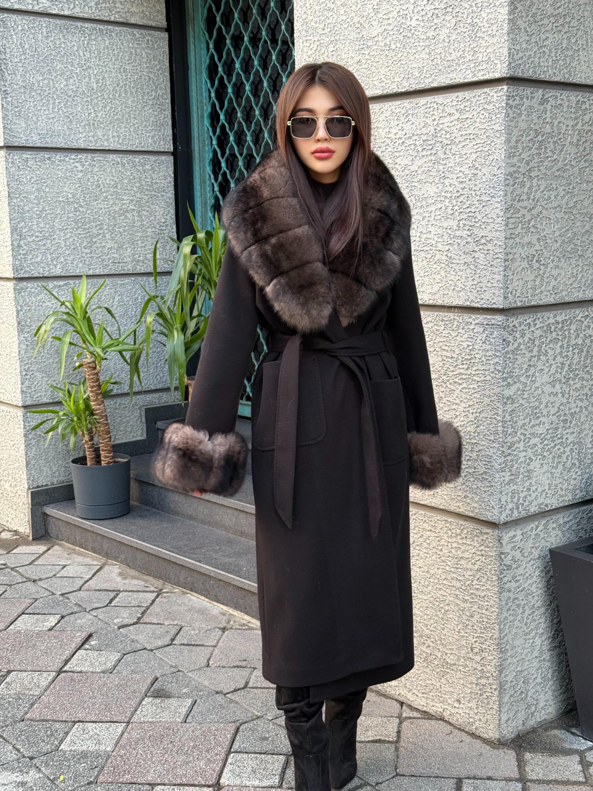 Black Cashmere Collar & Cuffs Fox Fur Jacket, Women Fox Fur Jacket - Collar Fox Fur Jacket. - Sable Brown Fox Fur Cape
