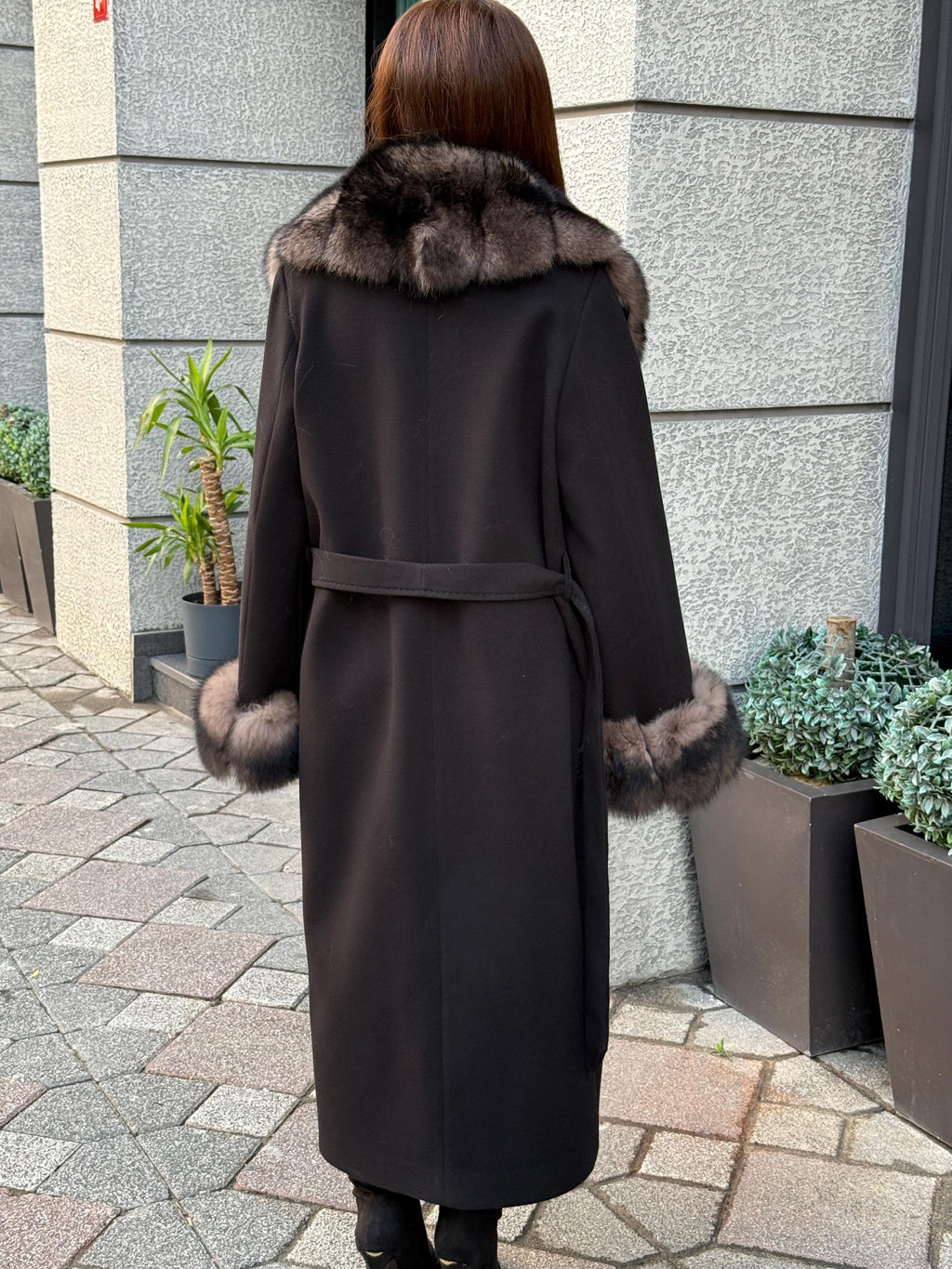 Black Cashmere Collar & Cuffs Fox Fur Jacket, Women Fox Fur Jacket - Collar Fox Fur Jacket. - Sable Brown Fox Fur Cape