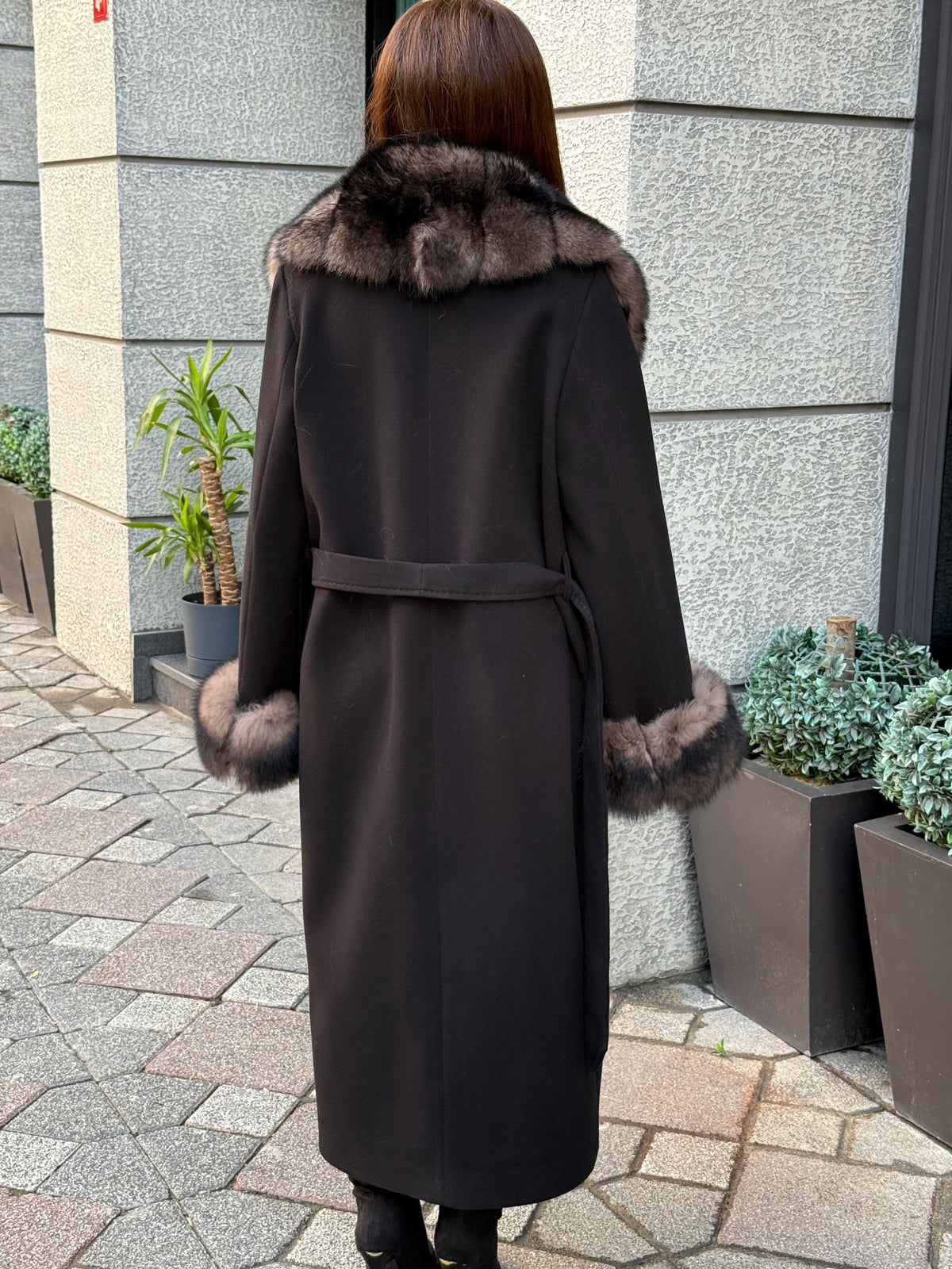Black Cashmere Collar & Cuffs Fox Fur Jacket, Women Fox Fur Jacket - Collar Fox Fur Jacket. - Sable Brown Fox Fur Cape