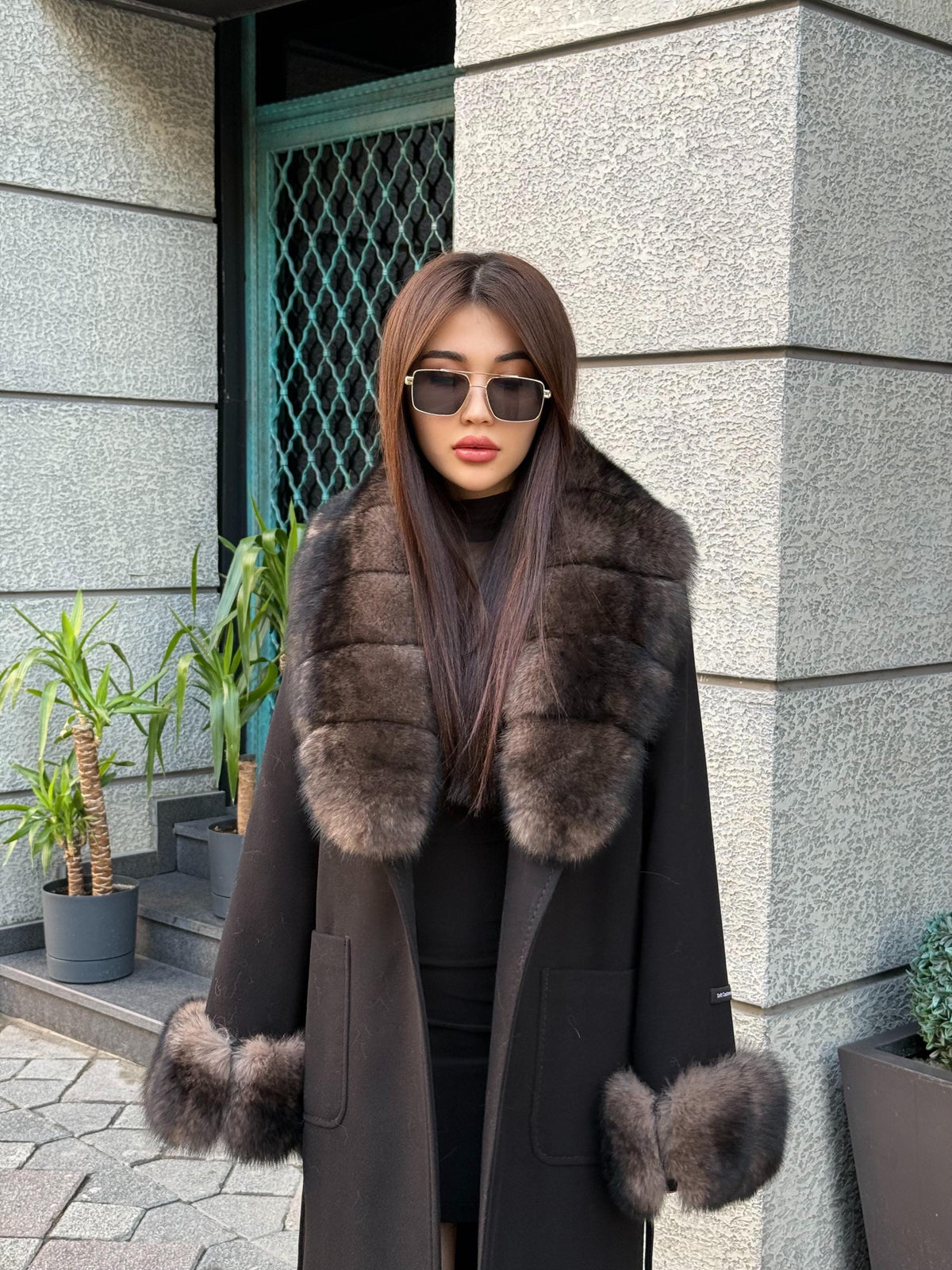 Black Cashmere Collar & Cuffs Fox Fur Jacket, Women Fox Fur Jacket - Collar Fox Fur Jacket. - Sable Brown Fox Fur Cape