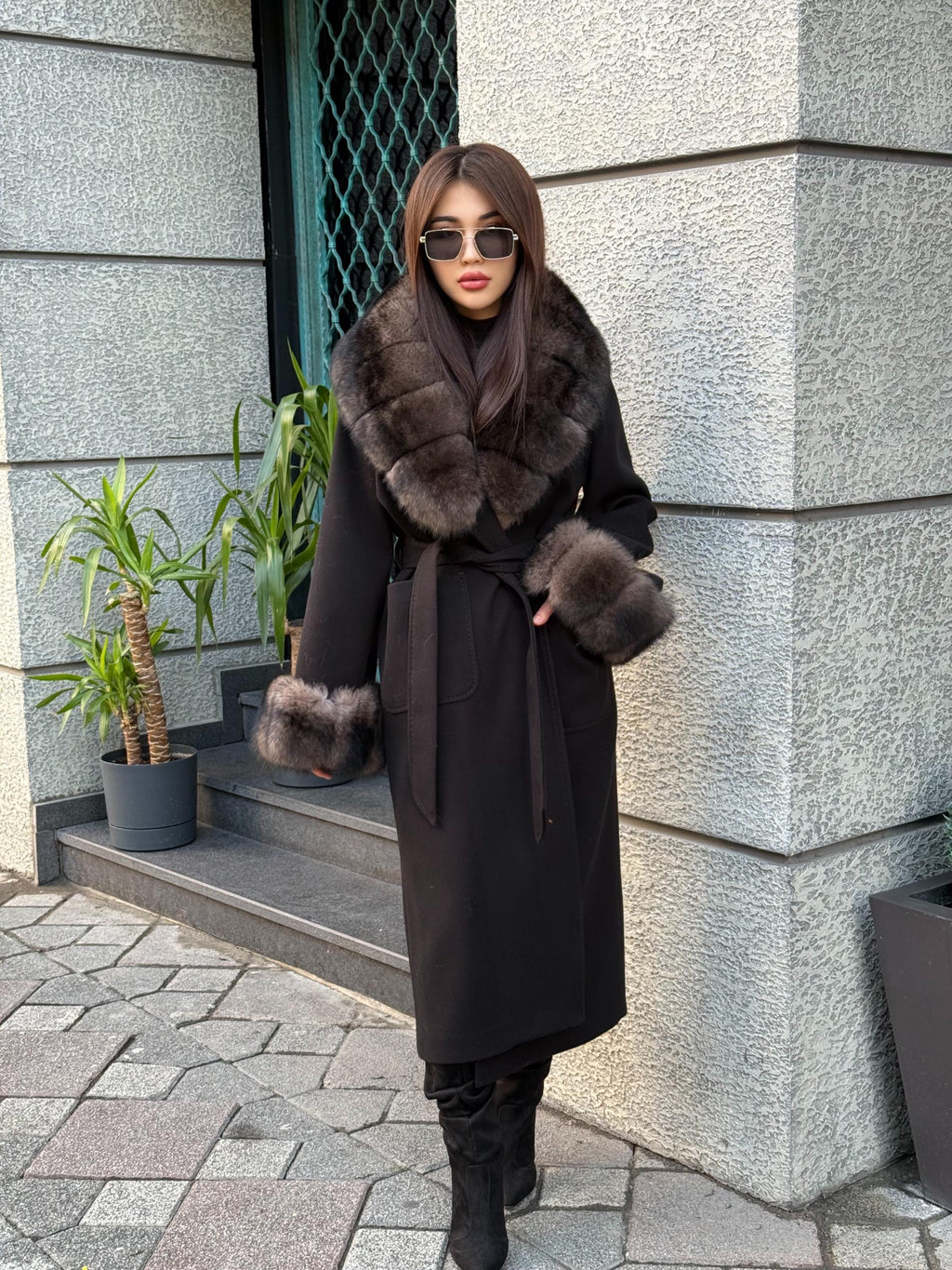 Black Cashmere Collar & Cuffs Fox Fur Jacket, Women Fox Fur Jacket - Collar Fox Fur Jacket. - Sable Brown Fox Fur Cape