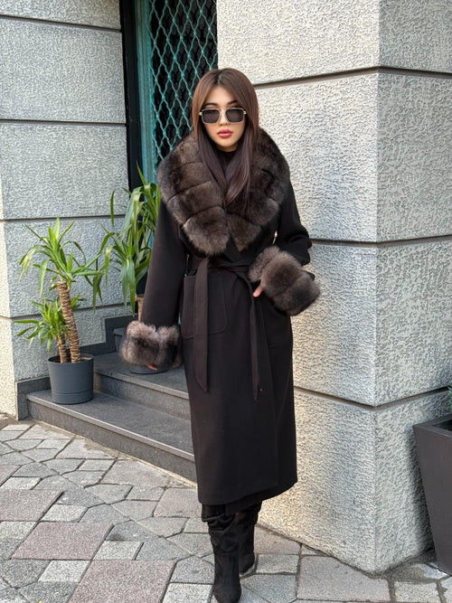 Black Cashmere Collar & Cuffs Fox Fur Jacket, Women Fox Fur Jacket - Collar Fox Fur Jacket. - Sable Brown Fox Fur Cape