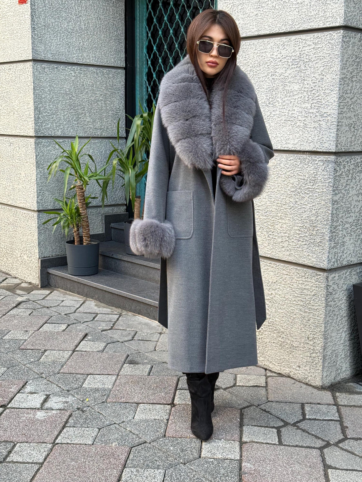 Gray Cashmere Coat With Fox Fur Trim | Luxury Collar Fox Fur Coat | Handmade Plus Size Long Belted Wool Coat For Women, Fox Fur Coat