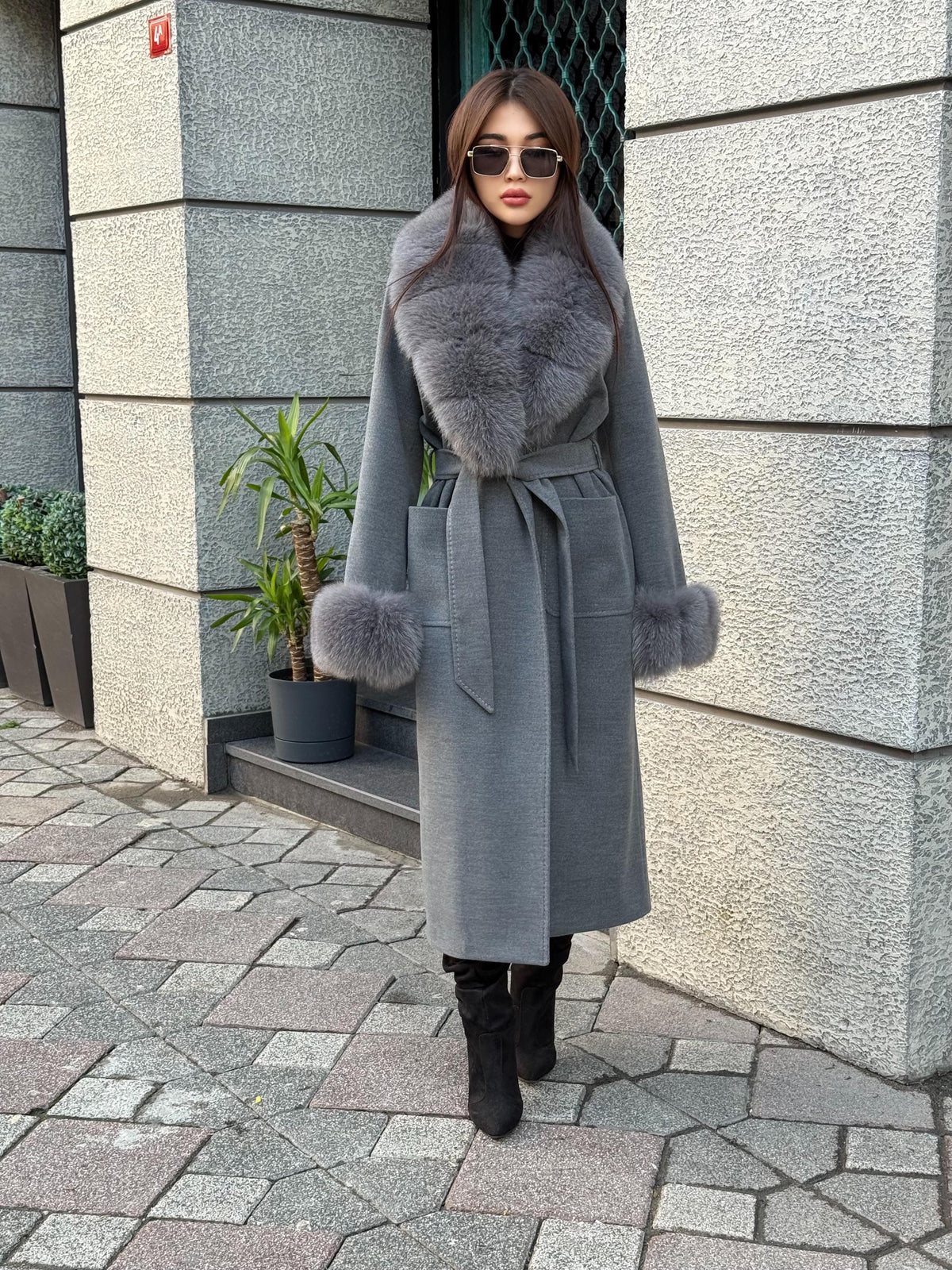 Gray Cashmere Coat With Fox Fur Trim | Luxury Collar Fox Fur Coat | Handmade Plus Size Long Belted Wool Coat For Women, Fox Fur Coat