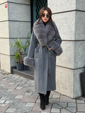 Gray Cashmere Coat With Fox Fur Trim | Luxury Collar Fox Fur Coat | Handmade Plus Size Long Belted Wool Coat For Women, Fox Fur Coat