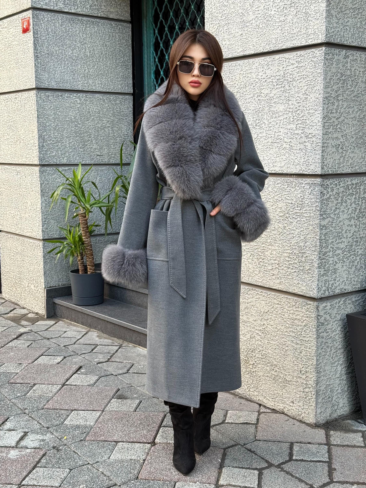 Gray Cashmere Coat With Fox Fur Trim | Luxury Collar Fox Fur Coat | Handmade Plus Size Long Belted Wool Coat For Women, Fox Fur Coat