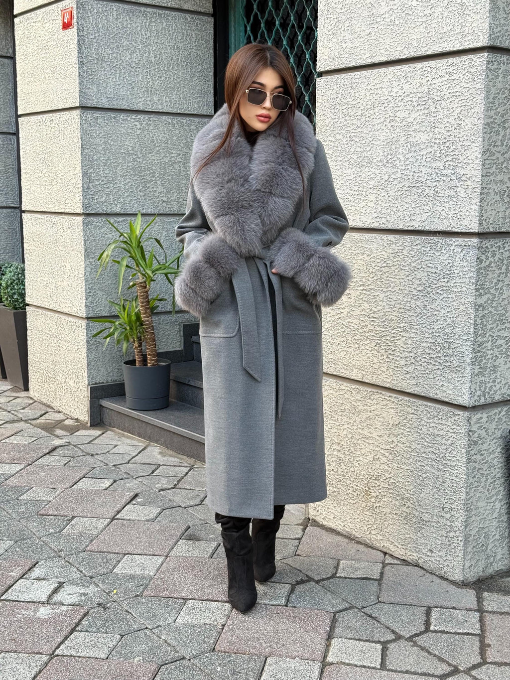 Gray Cashmere Coat With Fox Fur Trim | Luxury Collar Fox Fur Coat | Handmade Plus Size Long Belted Wool Coat For Women, Fox Fur Coat