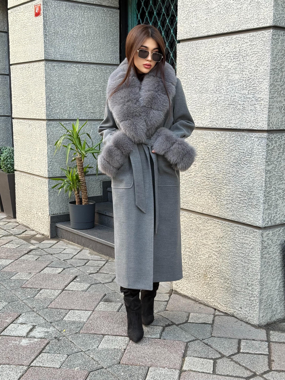 Gray Cashmere Coat With Fox Fur Trim | Luxury Collar Fox Fur Coat | Handmade Plus Size Long Belted Wool Coat For Women, Fox Fur Coat