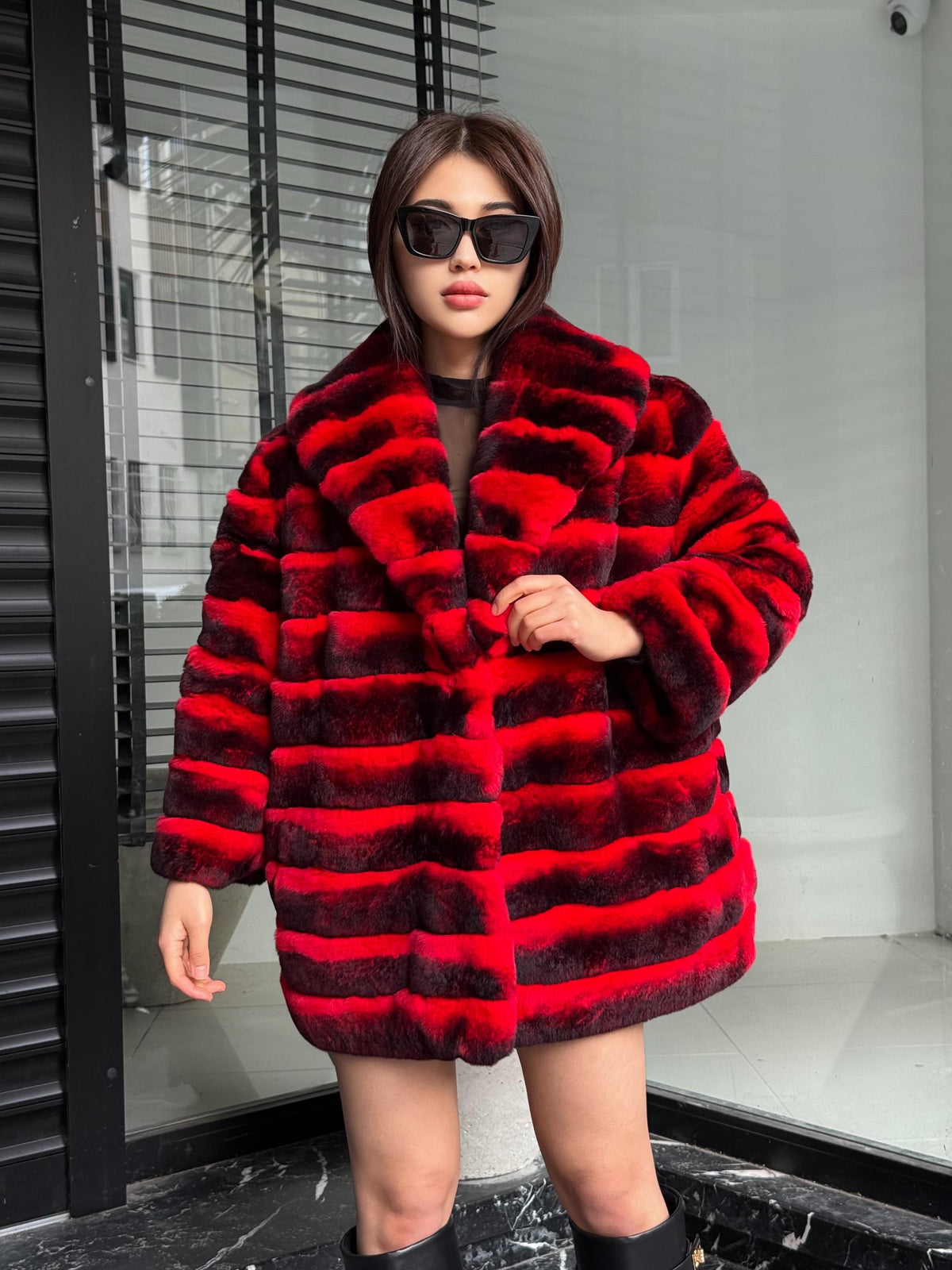 RED Luxury Handmade Women Chinchilla Pattern Rex Fur Long Coat | Soft Luxury Transformer Real Rex Fur Jacket Winter Outwear | Gift For Her