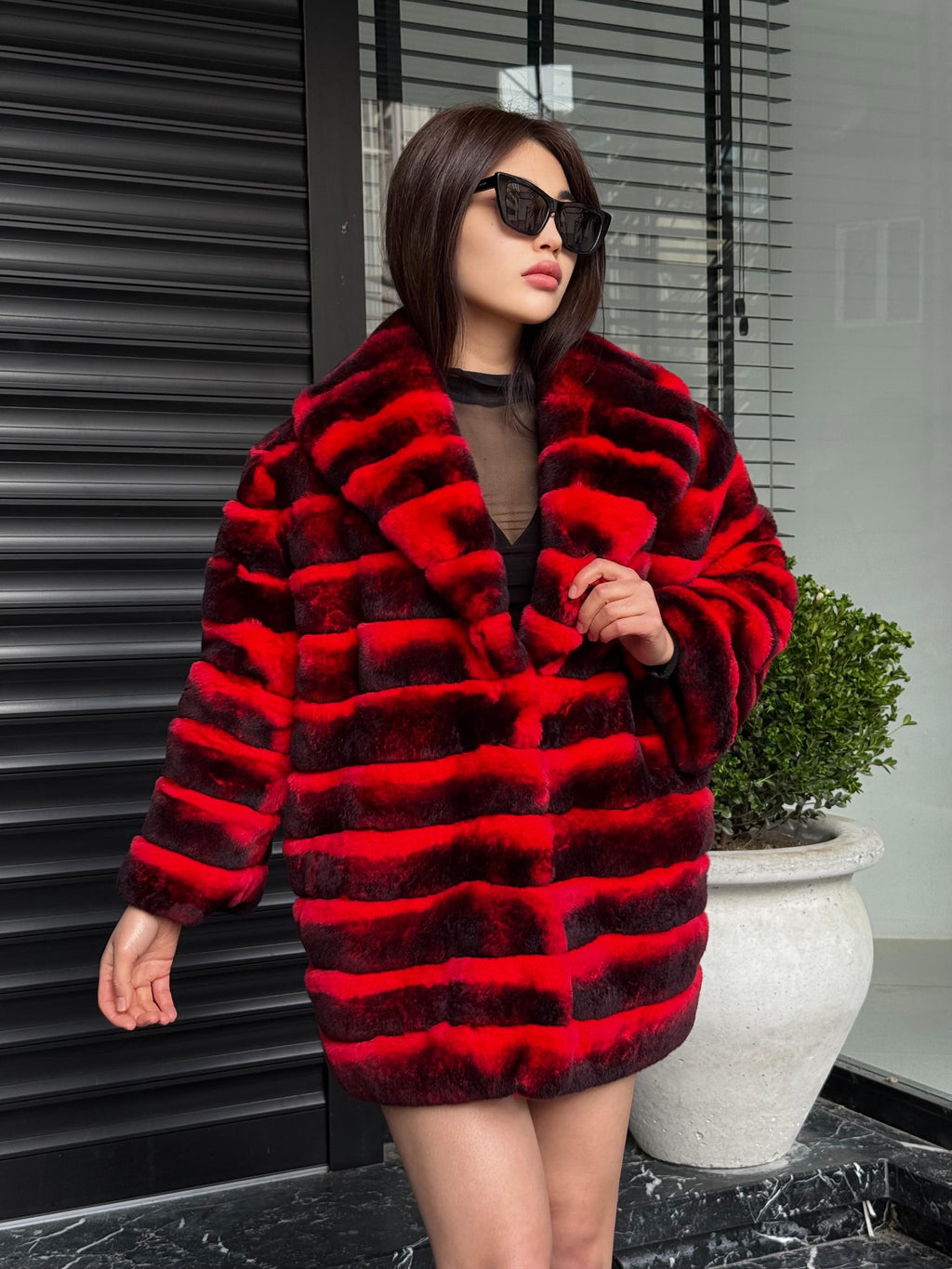 RED Luxury Handmade Women Chinchilla Pattern Rex Fur Long Coat | Soft Luxury Transformer Real Rex Fur Jacket Winter Outwear | Gift For Her